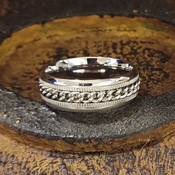 Men's Silver Chain Spinner Promise Ring Band - Anxiety Fidget Ring - Picture 3 of 8